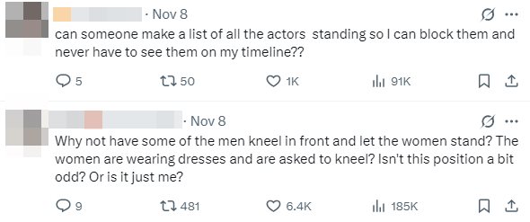 ศิลปินหญิงคุกเข่านั่งพื้น ศิลปินชายยืนกันนิ่ง