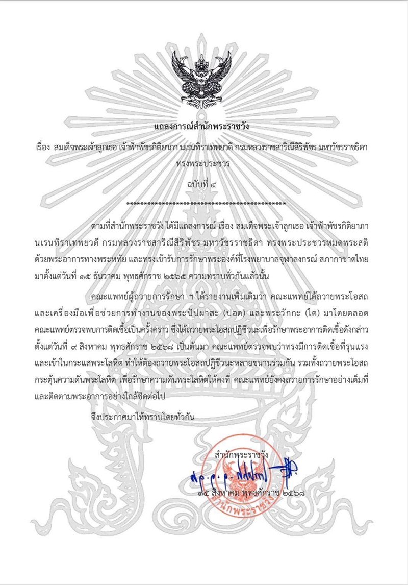 สำนักพระราชวัง แถลงการณ์เรื่อง พระองค์ภาฯ ทรงพระประชวร ฉบับที่ 4