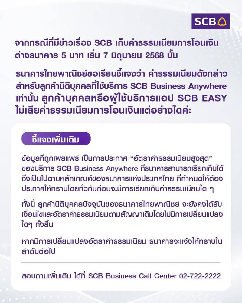 แจงค่าธรรมเนียมโอนเงิน SCB
