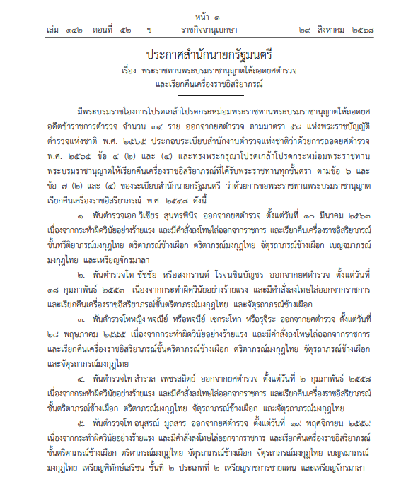 โปรดเกล้าฯ ให้ถอดยศตำรวจและเรียกคืนเครื่องราชอิสริยาภรณ์