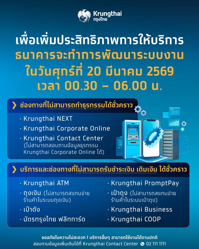 ธนาคาร ประกาศปรับปรุงระบบ